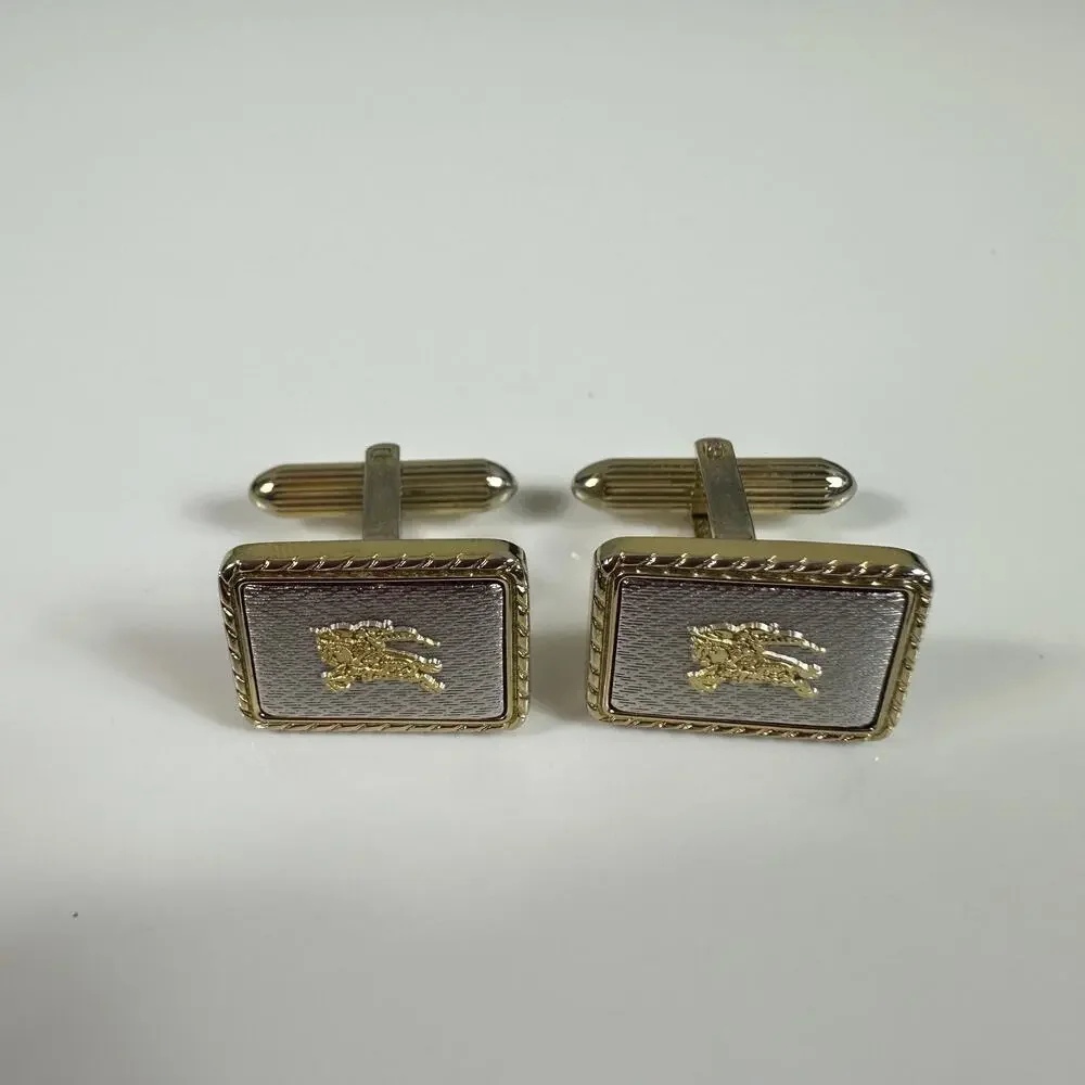Vintage Burberrys Cufflinks Mens Gold Silver Tone Logo Rectangular Bullet Back